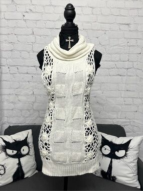 Y2K 3R Streetwear White Crochet Knit Wool Blend Virgin Killer Style Mini Dress S